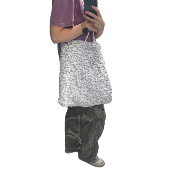 Handmade chenille boho hobo slouch satchel shoulder tote bag purple and white - Picture 4 of 9